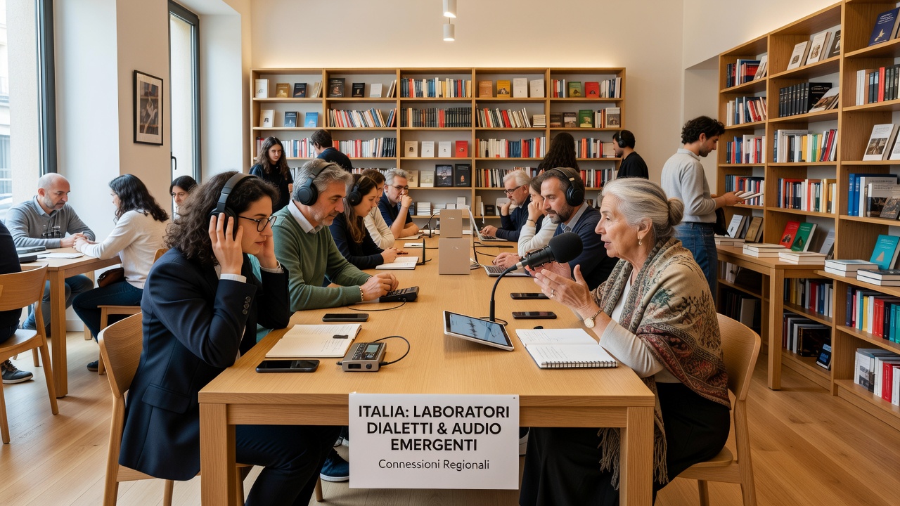 Group of diverse participants recording dialect audio in a bookshop setting with digital equipment