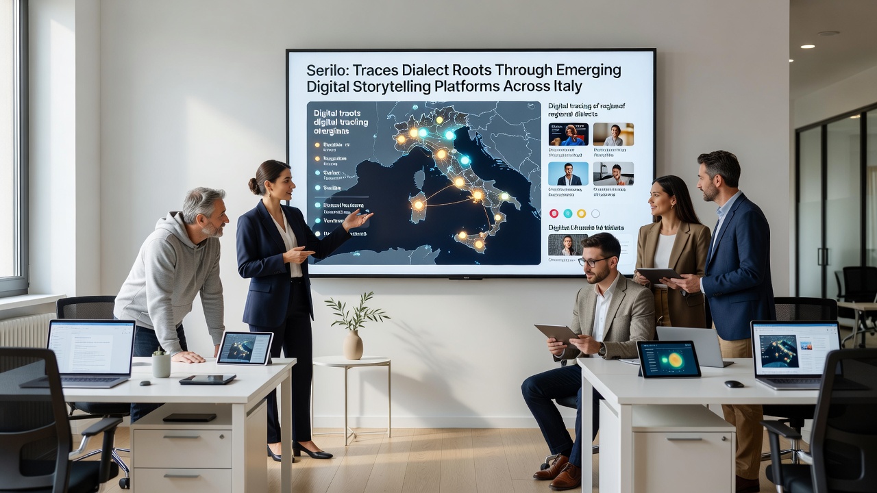 Group of participants in a workshop using tablets to record and share dialect stories on digital platforms in a historic Italian town square